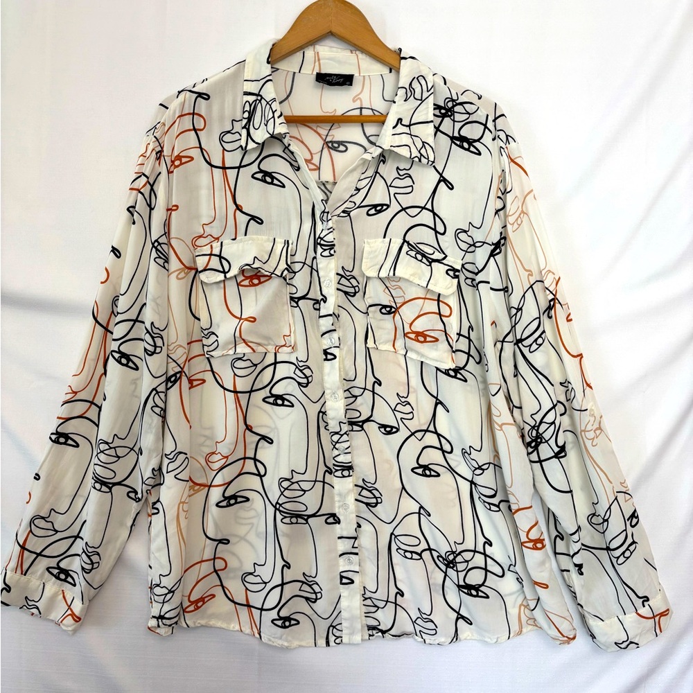 Womens Abstract Line Art Button-Down Shirt - White/Black/Orange